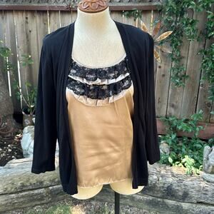 August Silk Ruffled Tan and Black Blouse Women's Medium